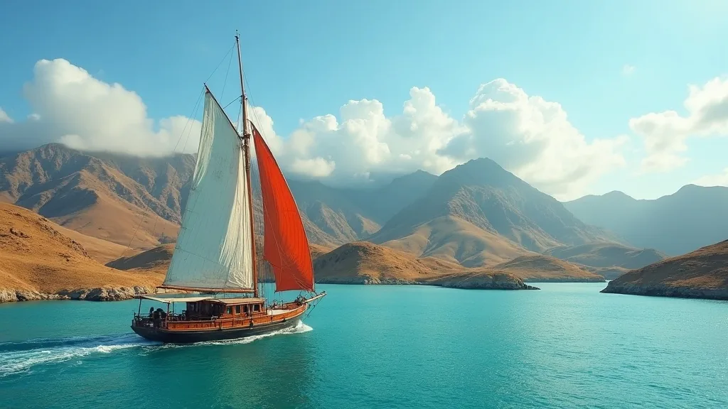 Wooden phinisi under sail on calm seas between savannah islands of Komodo National Park in the dry season