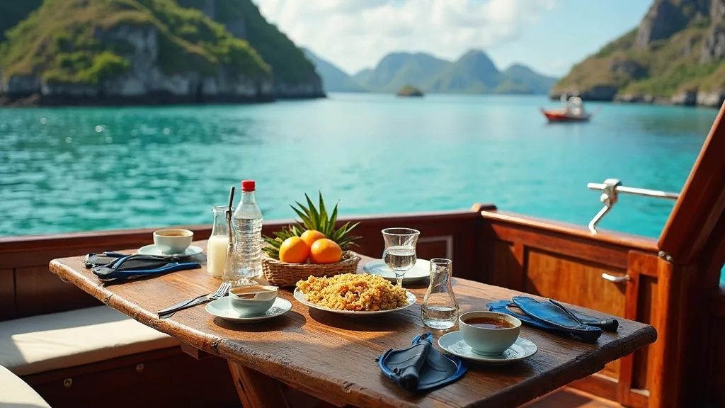 Breakfast table and snorkeling gear laid out on the deck of a phinisi liveaboard anchored near Padar Island in Komodo National Park